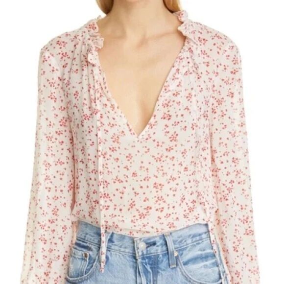 Ganni Red Floral Print Blouse Size 32 - Picture 1 of 8